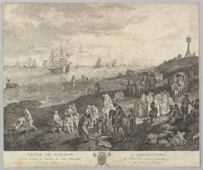 Sælger fisk på Scheveningen Vente de Poisson a Schevelinghe [sic] efter maleriet i.... af Quentin Pierre Chedel