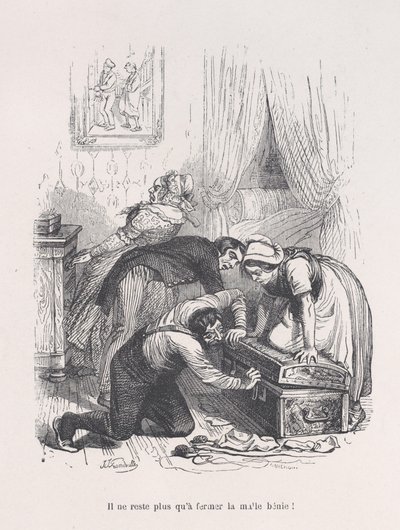 Tilbage er kun at lukke den velsignede kuffert! fra Menneskelivets små elendighed, 1843.. af Quichon