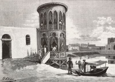 Et maurisk lille tårn, der huser klubben af de italienske officerer, Massawa, Eritrea, gravering fra en tegning af Quinto Cenni og en skitse af Pieragostini, fra L