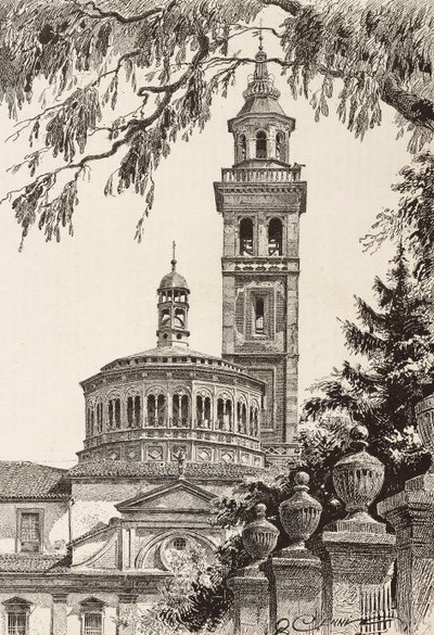 Beata Vergine dei Miracoli Sanctuary, Saronno, Italien, gravering fra en tegning af Quinto Cenni, fra L