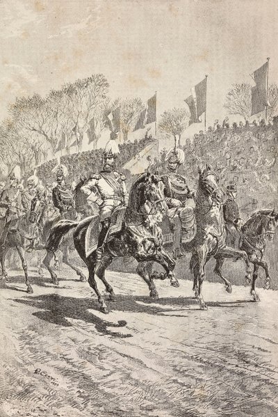 Stabschefer på vej ind på paradepladsen, fejring af kronprinsen af Tysklands (fremtidige Frederik III) besøg i Rom, Italien, gravering fra tegning af Quinto Cenni, fra L