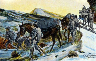 Første Verdenskrig: gruppe af italienske alpejægere i anerkendelse med deres muldyr i 1915. Illustration af Quinto Cenni (1845-1917) af Quinto Cenni
