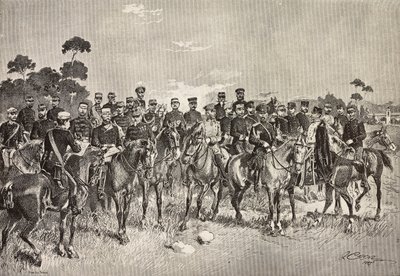 Udenlandske hærofficerer besøger italienske soldater i Lombardiet, Italien, gravering fra en tegning af Quinto Cenni, fra L