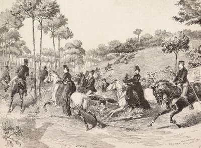 Jagtrejse ved den milanesiske jagt, Italien, gravering fra tegning af Quinto Cenni, fra L