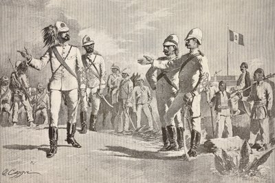 Italienske og lokale soldater, i uniformer fra den italienske hær i Afrika, Massawa, Eritrea, gravering fra en tegning af Quinto Cenni, fra L