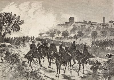 Italienske soldater til hest, der flytter fra Copreno til Cermenate, Italien, gravering fra en tegning af Quinto Cenni, fra L