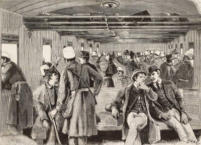 Italienske soldater i tog på vej til Napoli, Italien, anden italiensk ekspedition i Rødehavet, gravering fra tegning af Quinto Cenni og skitse af M Dal Don, fra L