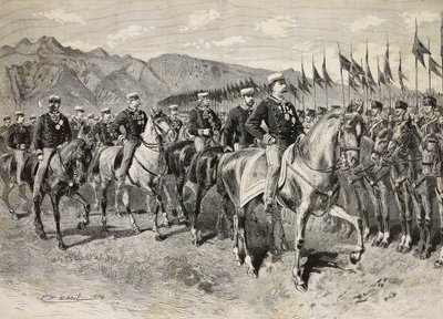 Kong Umberto I inspicerer Firenze-lanterne, med general Martin di Montu bag sig, 28. september, kavaleriøvelser i Pordenone, Italien, stik efter tegning af Quinto Cenni, fra L