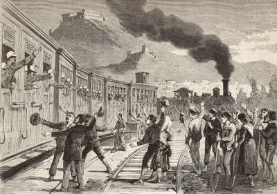 Mænd og kvinder siger farvel til italienske soldater, der tager afsted fra Cassino-banegården, Italien, gravering fra tegning af Quinto Cenni og skitse af M Dal Don, fra L