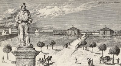 Monument til minde om Giuseppe Garibaldi (1807-1882), italiensk politiker og patriot, og badeanstalt i baggrunden, Cesenatico, Italien af Quinto Cenni