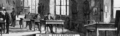 Treves-brødres kontorer, designerafdelingen, Milano, Italien, Quinto Cenni-illustration (1845-1917) fra L
