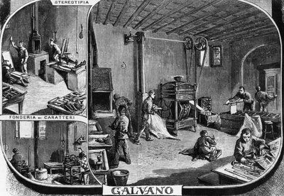 Treves-brødres kontorer, afdeling for skriftstøbning og stereotypetryk, Milano, Italien, illustration af Quinto Cenni (1845-1917) fra L