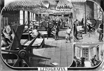 Treves brødres kontorer, litografiafdelingen, Milano, Italien, illustration af Quinto Cenni (1845-1917) fra L