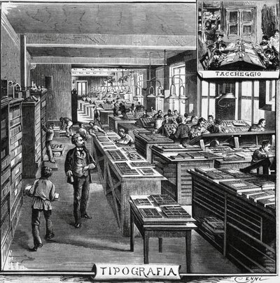 Treves brødres kontorer, typografi og overlejring, Milano, Italien, illustration af Quinto Cenni (1845-1917) fra L