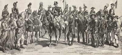 Piemontesisk hær i 1859: infanterister, artillerister, ingeniører, grenaderer, officerer, generaler, spydmænd, kavalerister, riffelmand, gravering fra tegning af Quinto Cenni, fra L