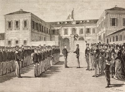 Prins Vittorio Emanuele (1870-1946), greve af Torino, giver grader til kadetter fra militærakademiet i Milano, Italien, 14. marts af Quinto Cenni