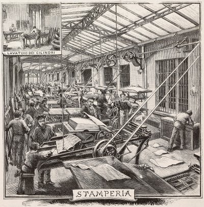 Trykkeri i Fratelli Treves forlag, Milano, Italien, gravering fra tegning af Quinto Cenni, fra L