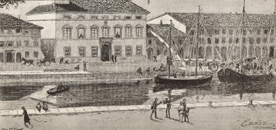 Rådhuset og havnekanalen, Cesenatico, Italien, gravering fra en tegning af Quinto Cenni og en skitse af Ulisse Topi, fra L