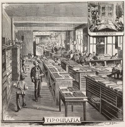 Typografi i Fratelli Treves forlag, Milano, Italien, gravering fra tegning af Quinto Cenni, fra L