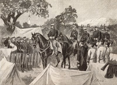 Umberto I (1844-1900), konge af Italien, med nogle officerer, på besøg i militærlejre, 11. september af Quinto Cenni