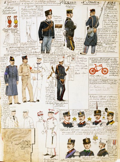 Uniformer af Kongeriget Italien i 1898, plade fra Cenni Codex, samling af militærskitser i akvarel af Quinto Cenni