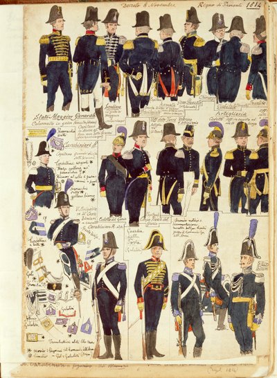 Uniformer af den piemontesiske hær fra 1814. Farveplade af Cenni Quinto af Quinto Cenni