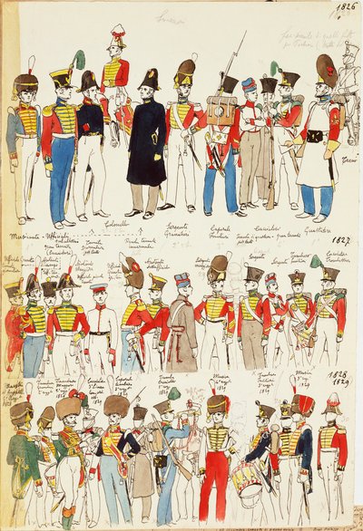 Diverse uniformer fra 1826 til 1829. Farveplade af Cenni Quinto af Quinto Cenni