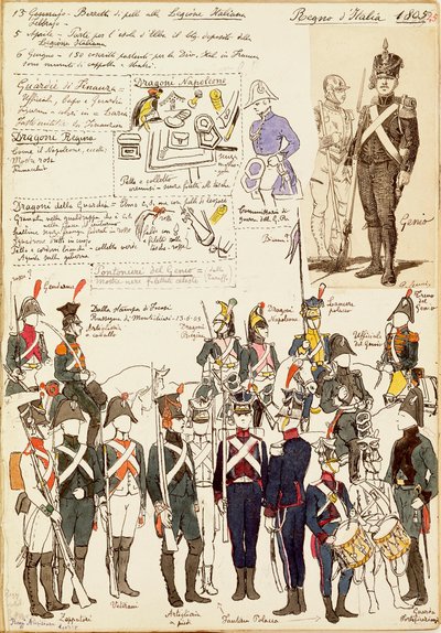 Diverse uniformer fra Kongeriget Italien fra 1805. Farveplade af Cenni Quinto af Quinto Cenni