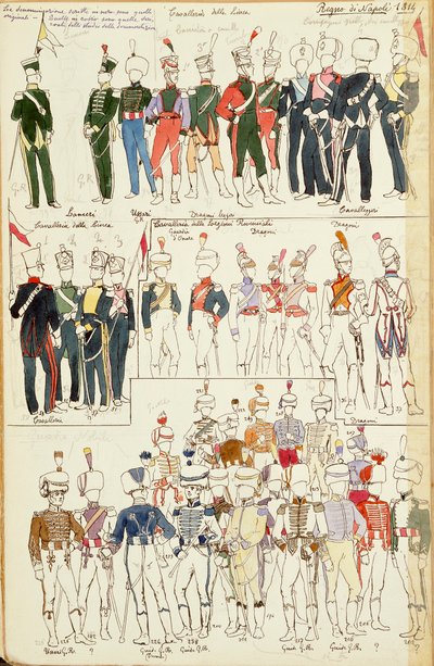 Forskellige uniformer fra Kongeriget Napoli fra 1814. Farveplade af Cenni Quinto af Quinto Cenni