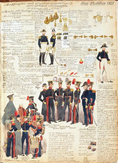 Pavestaternes forskellige uniformer fra 1835. Farveplade af Cenni Quinto af Quinto Cenni