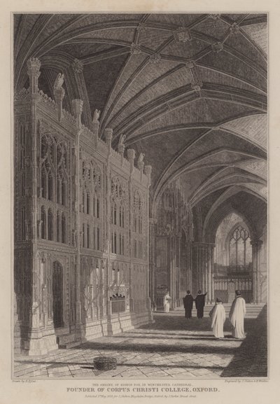 Helligdommen for biskop Foxe, grundlægger af Corpus Christi College, Oxford, i Winchester Cathedral (gravering) af R. (after) Essex