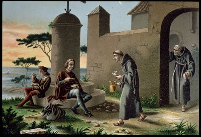 Ankomsten af Christopher Columbus (1451-1506) med sin søn ved klosteret la Rabida, fra The Discovery of America, udgivet i Barcelona i 1878 (farve litho) af R. Puiggari