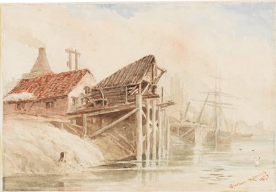 Old Coal Shipping Staithes nær Wallsend (blyant og wc på papir klistret på kort) af R. Sheriton Holmes