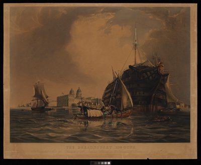 Dreadnought 104 kanoner, hospitalsskib for søfolk fra alle nationer, fortøjet i Themsen ud for Greenwich, 20. juni 1831 af R. W. Price