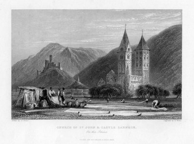 Johanneskirken og slottet Lahneck ved Rhinen, 1838 af R. Wallis