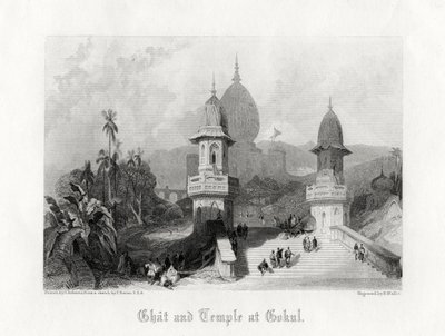 Ghat og templet i Gokul, Indien, c1838. af R. Wallis