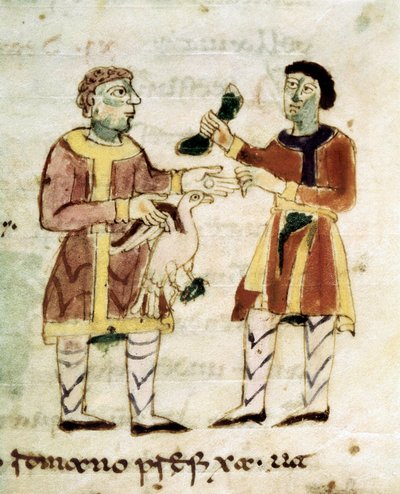 Kyllingens købmand fra et manuskript ""De Universo"" (ou De rerum naturis (De la Nature des choses) af Rabanus Maurus or Mauro Rabano Magnentius