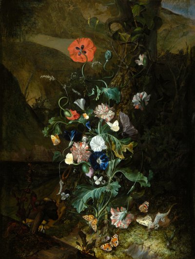 En opstilling af blomster ved en træstamme , ca. 1683 (olie på lærred) af Rachel Ruysch