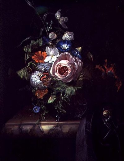 Roser og andre blomster i en glasskål (olie på lærred) af Rachel Ruysch