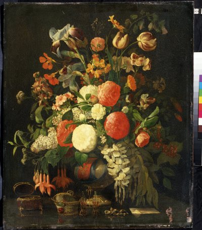 ""Buket blomster"" (Blomster) På bordet står smykkeskrin. Maleri af Rachel Ruysch (1664-1750) Mikhail Kroshitsky kunstmuseum fra det 18. århundrede, Sevastopol (Sevastopol) Ukraine af Rachel Ruysh