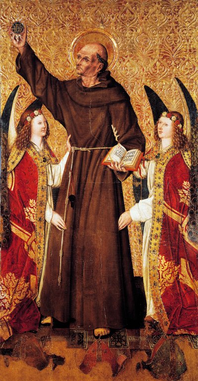 Sankt Bernhard og engle, midterpanel af Sankt Bernhards altertavle af Rafael Tomas (aktiv 1455-1479), predella af Joan Figuera (aktiv fra 1454-død 1477 eller 1479), tempera på panel, 398, 9x253 cm af Rafael & Figuera Joan (active c.1454 1477) Tomas