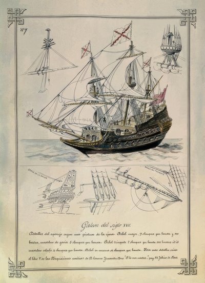 17. ÅRHUNDREDES GALEON I EN 1800-TEGNING af Rafael Monleon y Torres