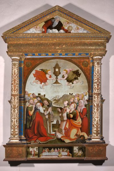 Altertavle med tilbedelse af det hellige sakramente i predellaen: Den sidste nadver, Sankt Sebastian og Sankt Rochus af Raffaele De (fl.1514 1573) Pancalino