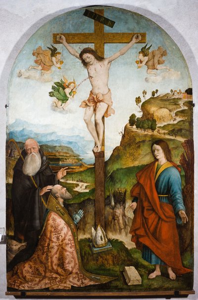Korsfæstelse, ca. 1528 (tempera på panel) af Raffaele De (fl.1514 1573) Pancalino