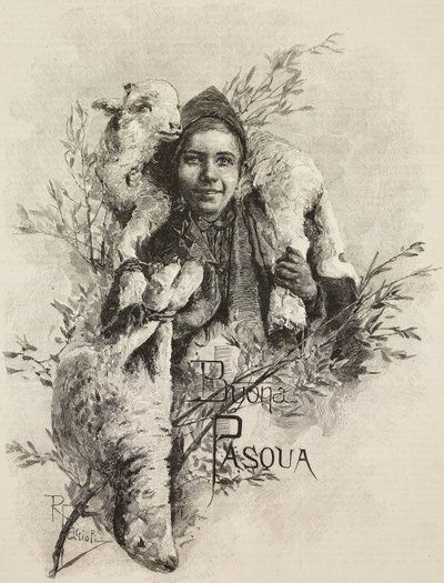 God påske, ung mand med lam på skuldrene, gravering fra maleri af Raffaele Faccioli (1836-1914), fra L