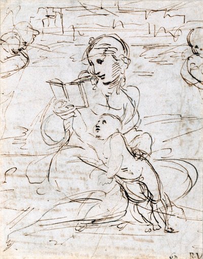 Læser Madonna og barn i et landskab mellem to cherubhoveder, 1509 af Raffaello Sanzio Raphael