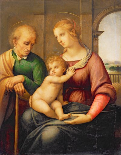 Den hellige familie, eller Madonna med den skægløse Joseph, ca. 1506 (tempera og olie på lærred overført fra panel) af Raffaello Sanzio Raphael