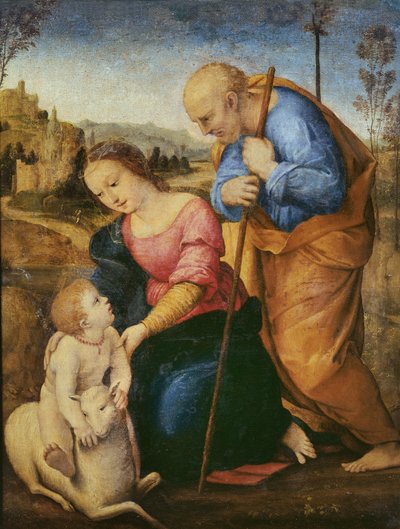 Den hellige familie med et lam (olie på træ) af Raffaello Sanzio Raphael