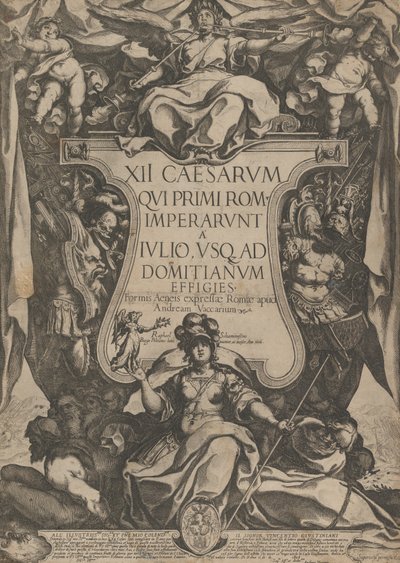 Frontispice med en trompetist klingende trompeter siddende oven på en kartouche flankeret af tr..., 1606. af Raffaello Schiaminossi