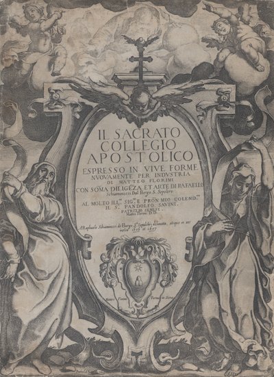Frontispice med to figurer, der holder ruller og keruber, der flankerer cartouchen ved cen..., 1606-07. af Raffaello Schiaminossi